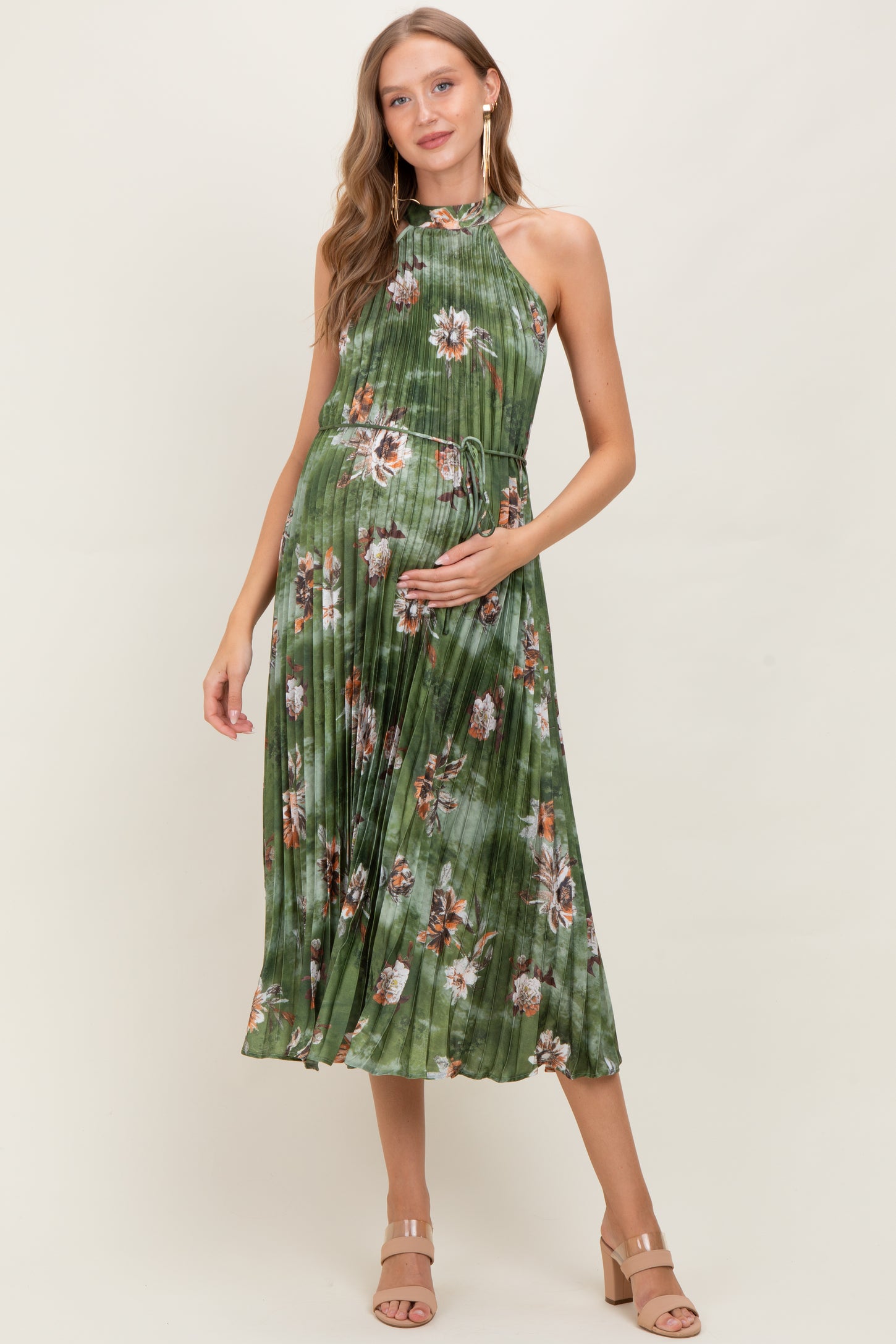 Olive Floral Pleated Halter Maternity Midi Dress