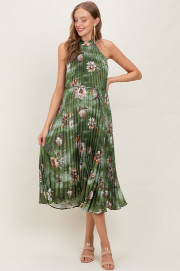 Olive Floral Pleated Halter Maternity Midi Dress