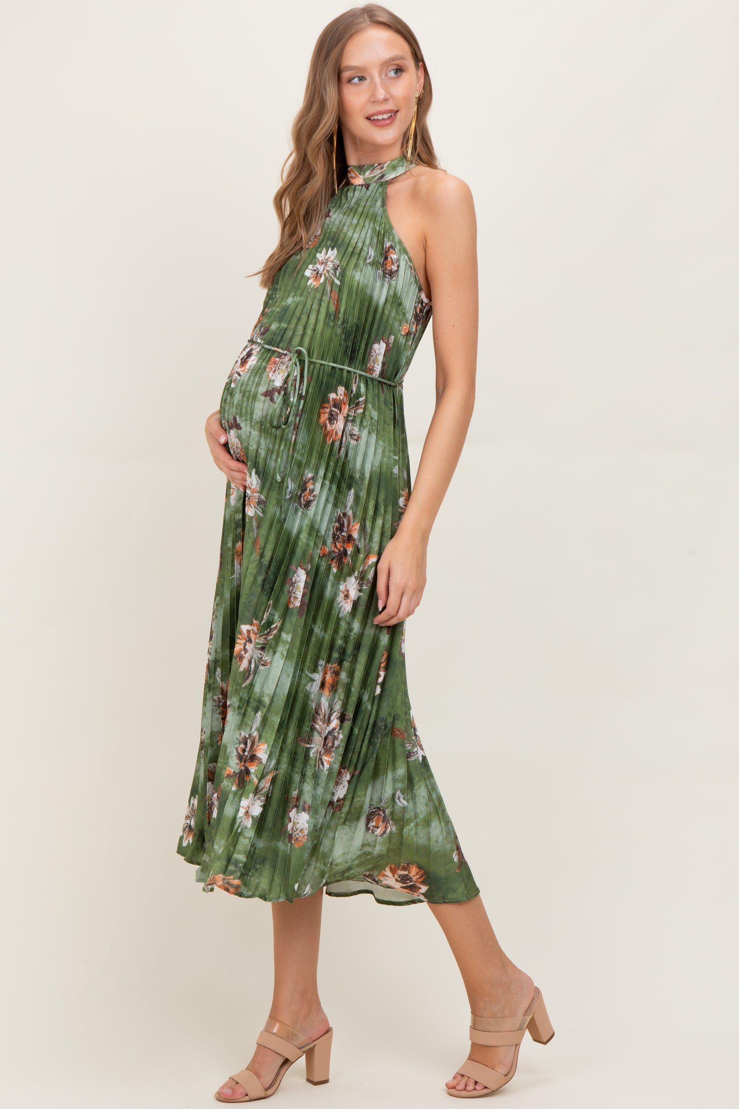 Olive Floral Pleated Halter Maternity Midi Dress