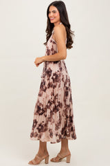 Brown Floral Pleated Halter Midi Dress