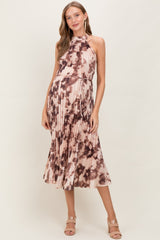 Brown Floral Pleated Halter Maternity Midi Dress
