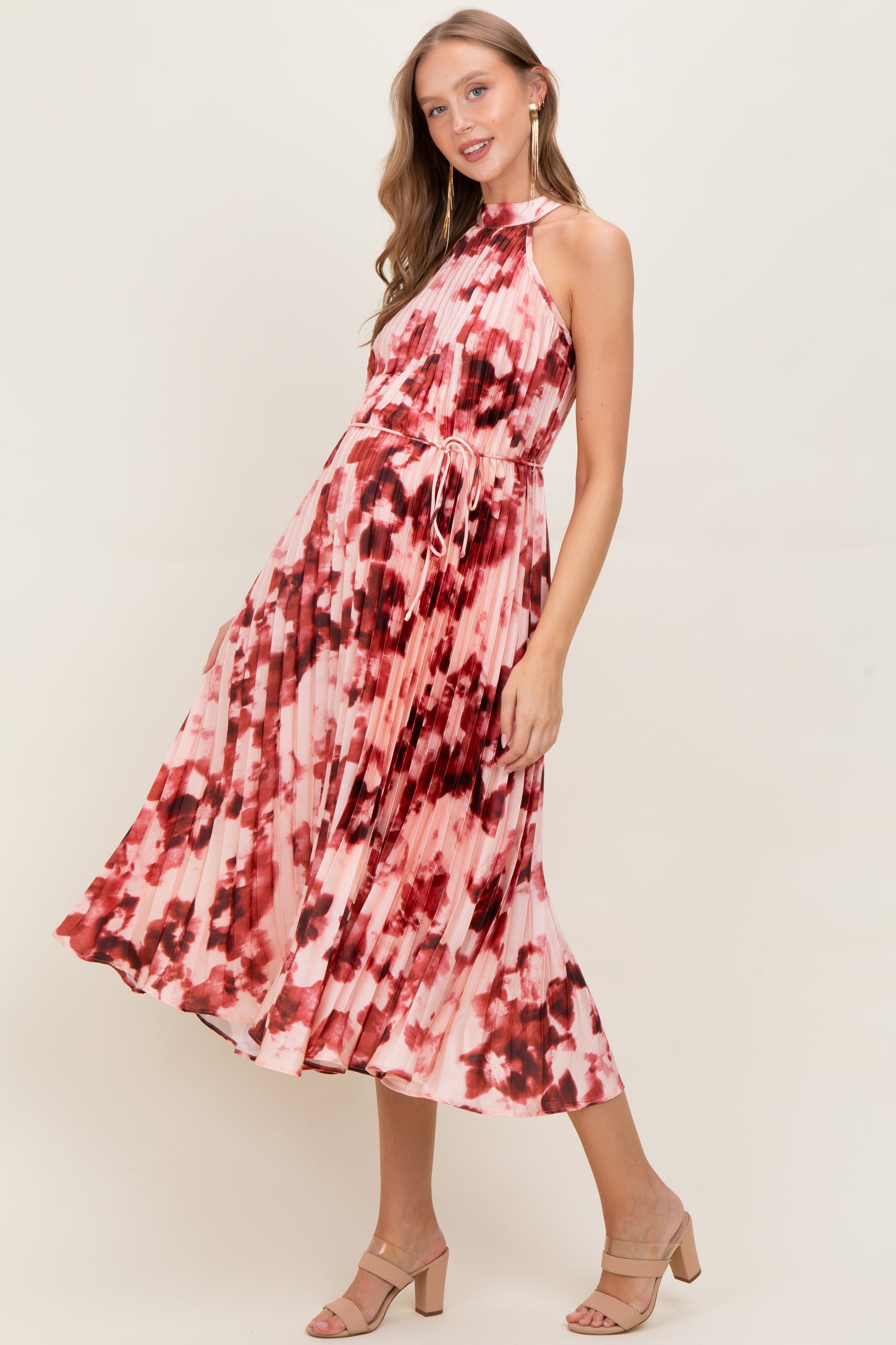 red floral pleated dress Red Floral Pleated Midi Dress