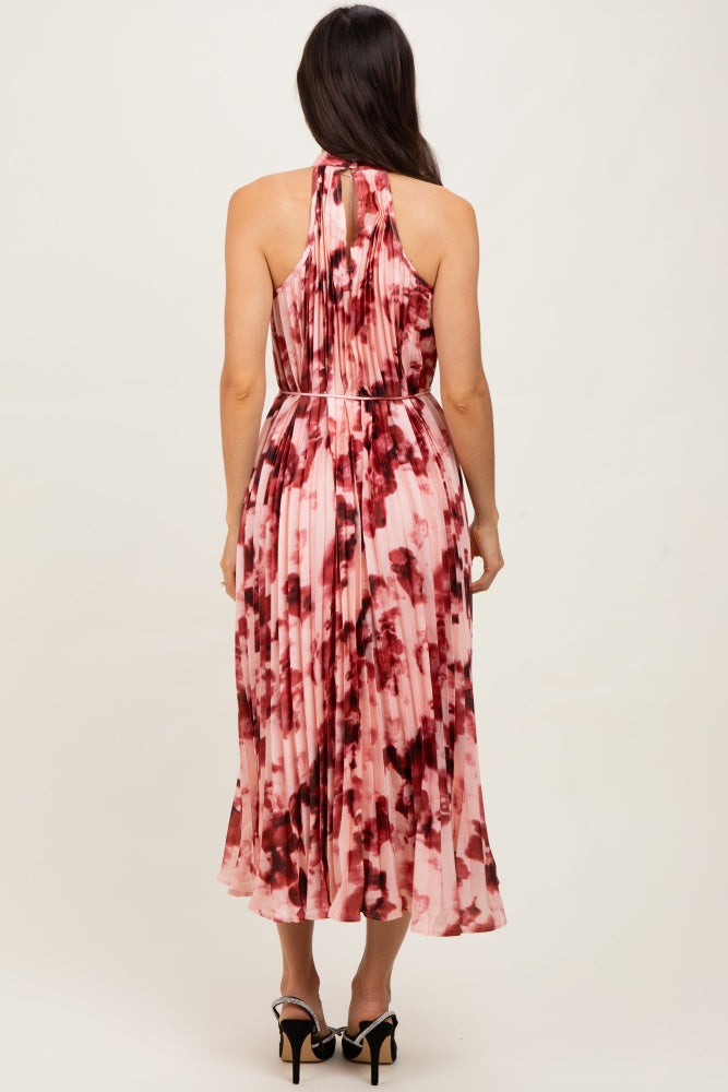 Red Floral Pleated Halter Midi Dress