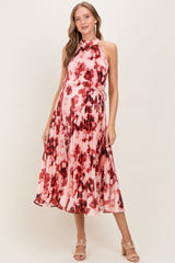 Red Floral Pleated Halter Maternity Midi Dress
