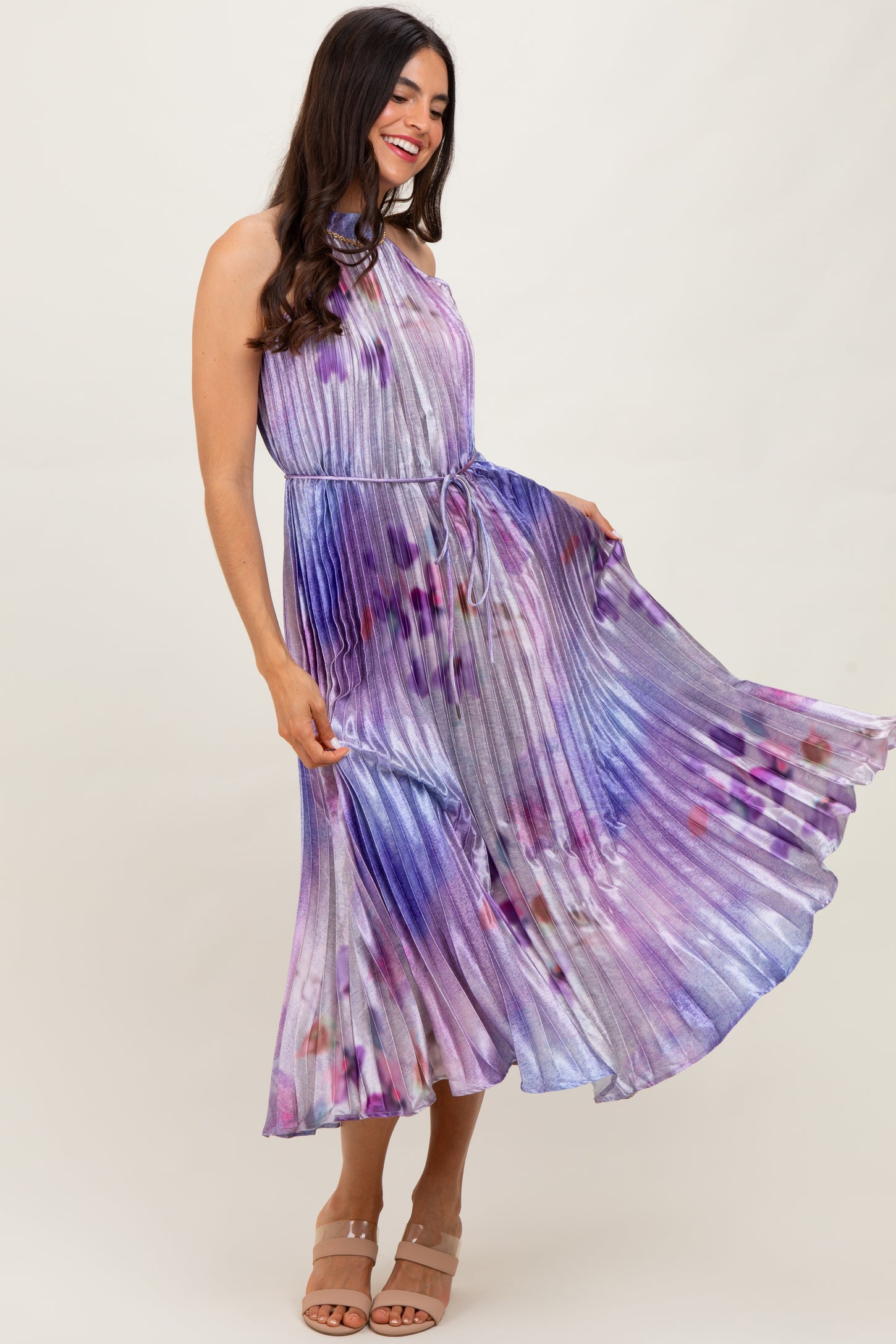Lavender Floral Pleated Halter Midi Dress