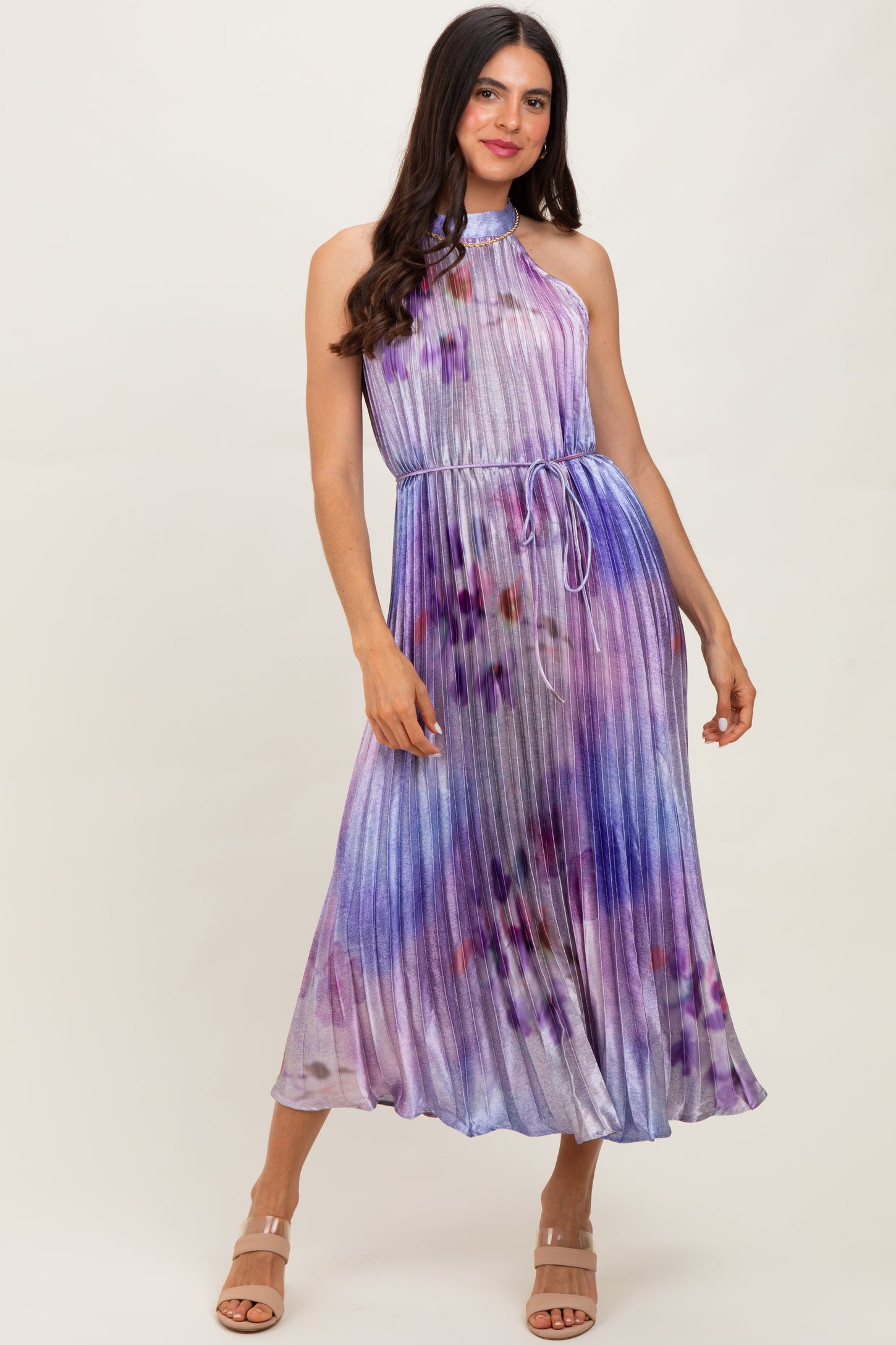Lavender Floral Pleated Halter Midi Dress Lavender Floral Pleated Halter Midi Dress