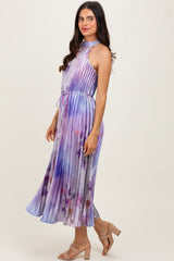 Lavender Floral Pleated Halter Midi Dress