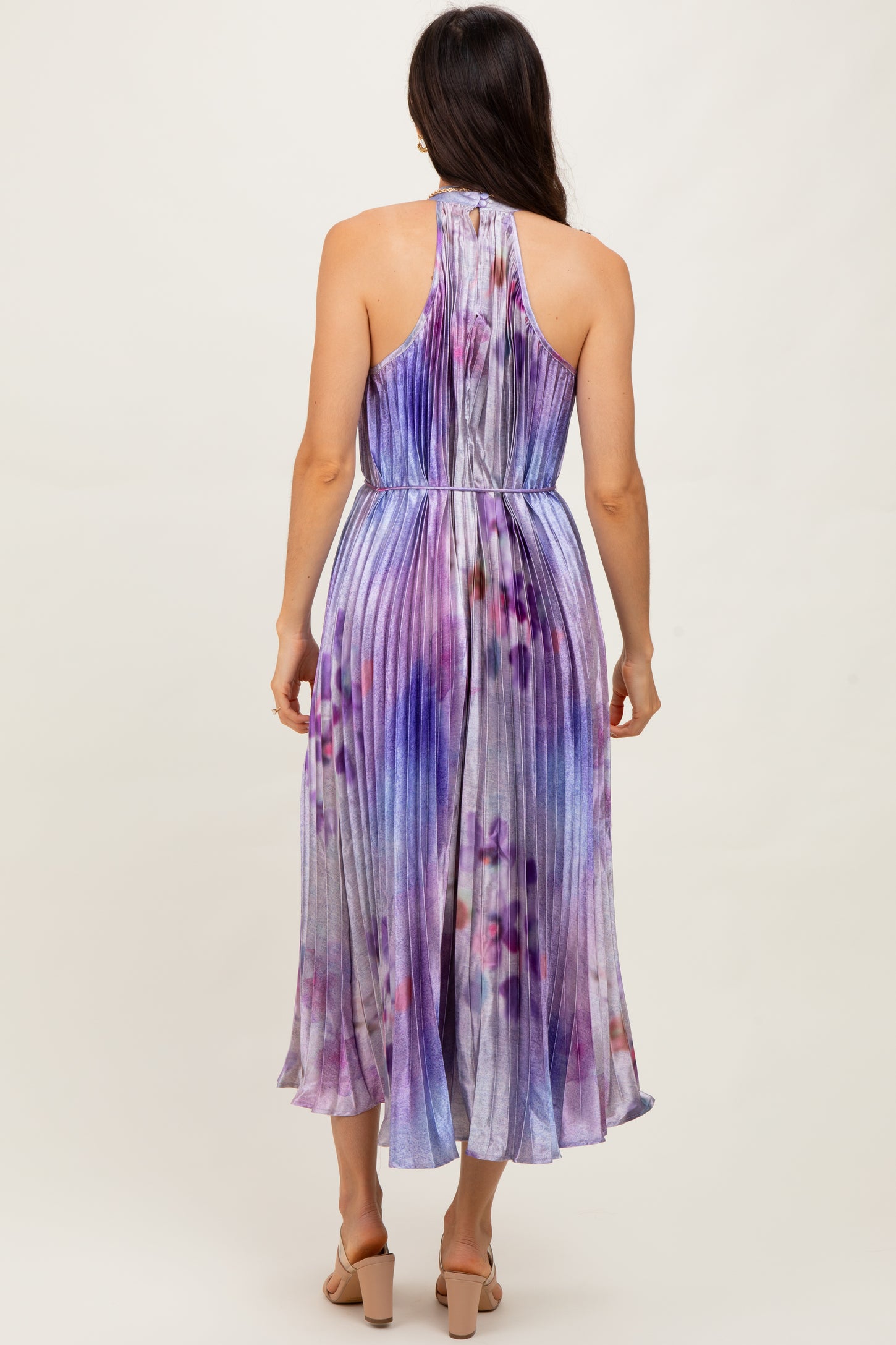 Lavender Floral Pleated Halter Midi Dress Lavender Floral Pleated Halter Midi Dress