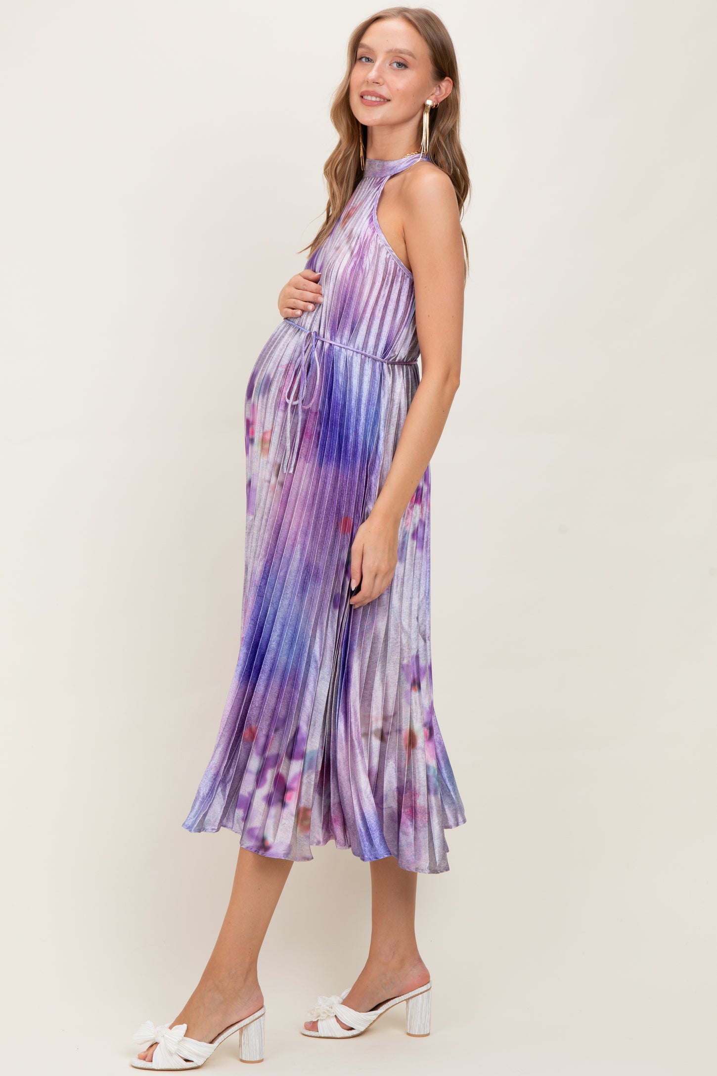 Lavender Floral Pleated Halter Maternity Midi Dress