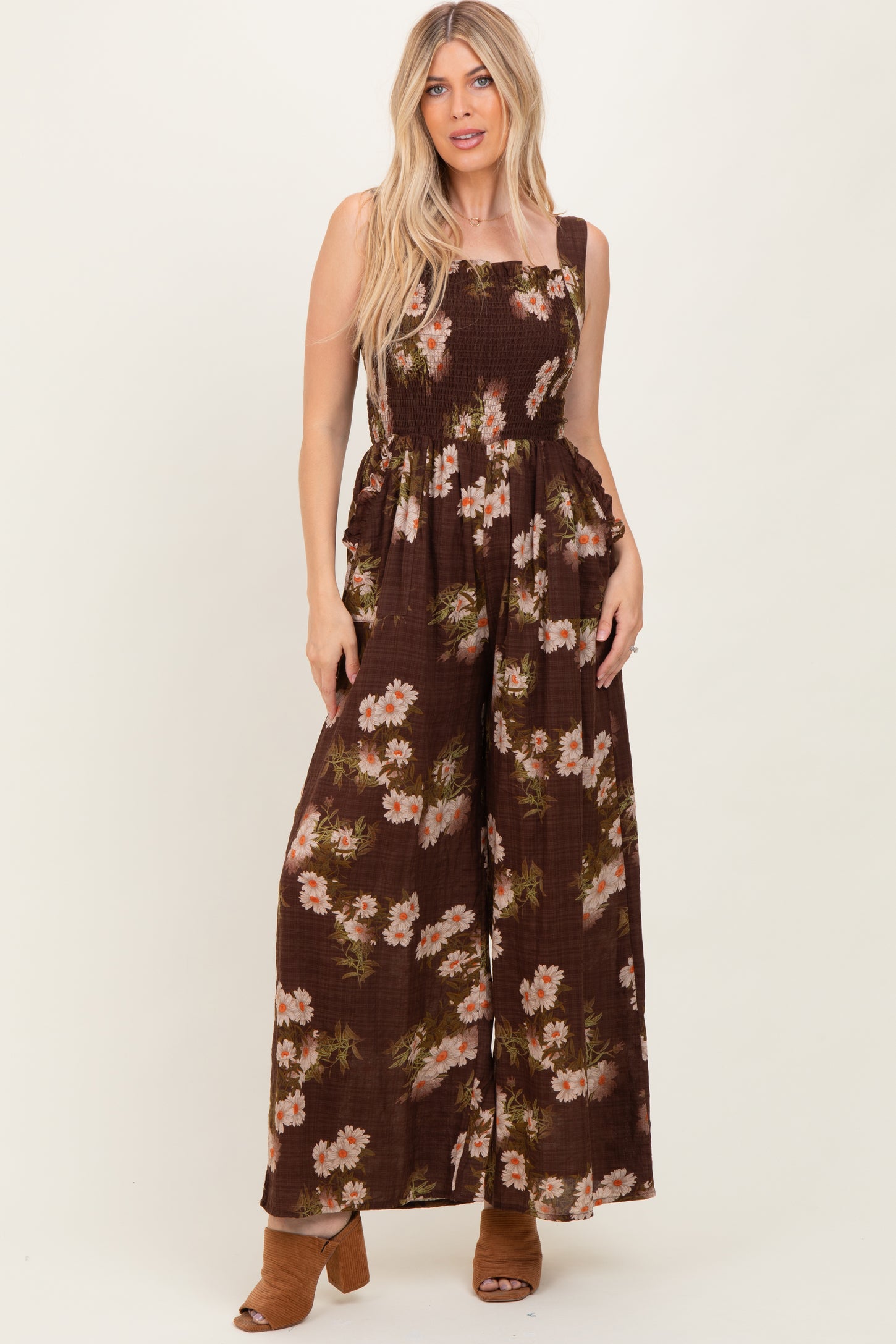 Brown Floral Smocked Jumpsuit