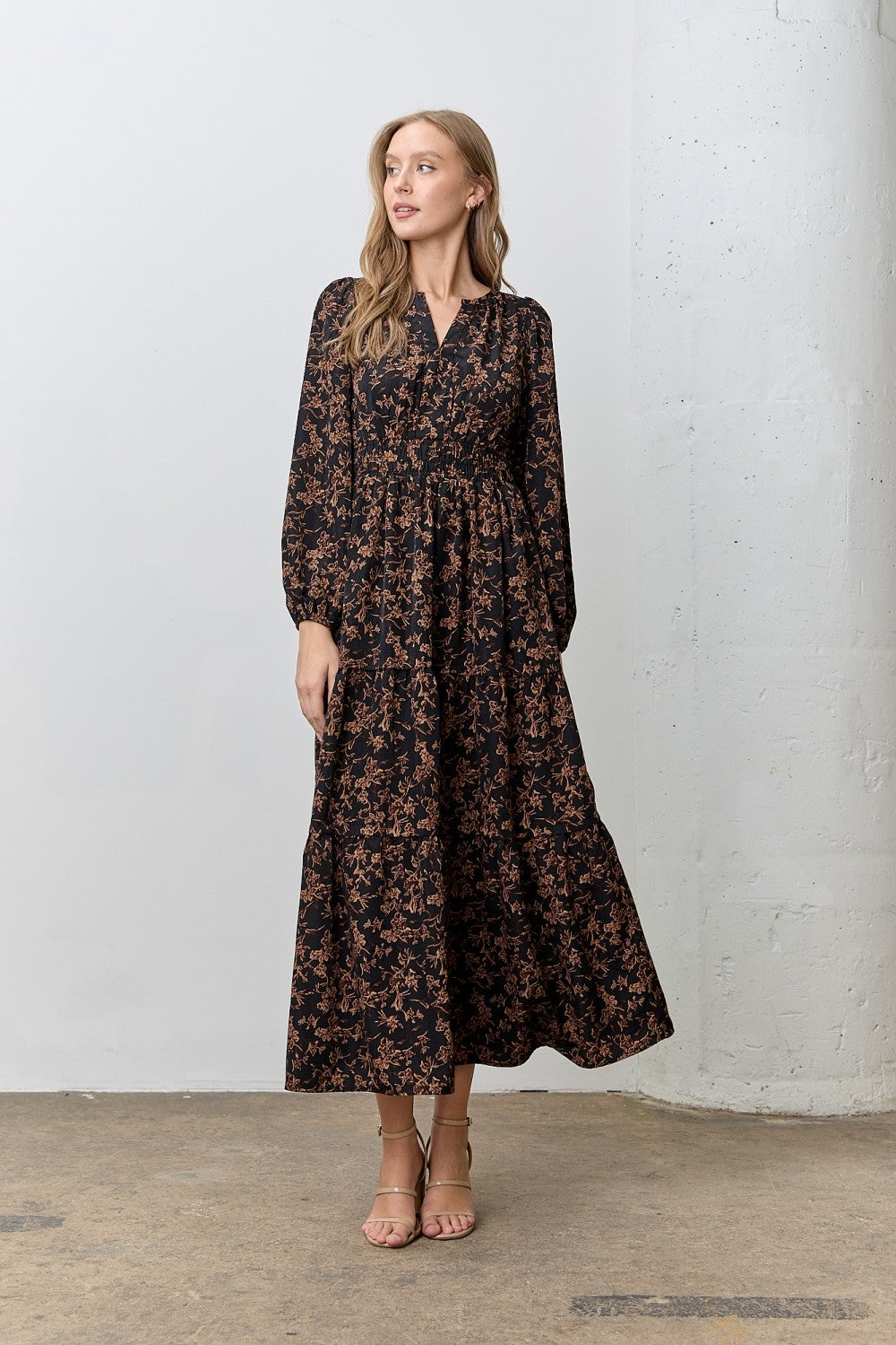 Black Floral Smocked Waist Long Sleeve Midi Dress Black Floral Smocked Waist Long Sleeve Midi Dress