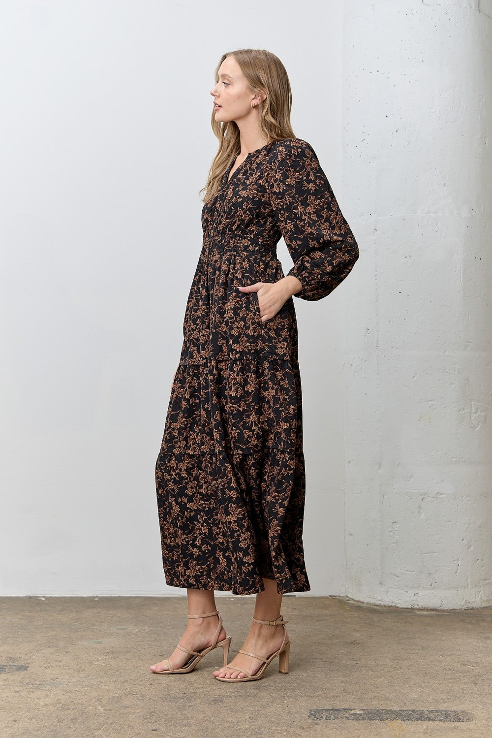 black floral midi dress long sleeve Perfectly Elevated Black Floral Long Sleeve Midi Dress