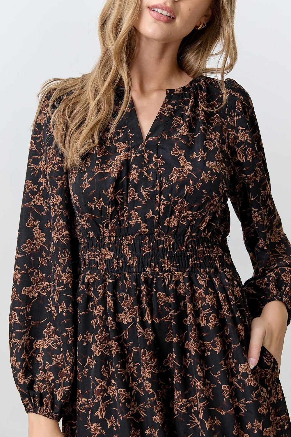 Black Floral Smocked Waist Long Sleeve Midi Dress