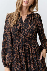 Black Floral Smocked Waist Long Sleeve Midi Dress