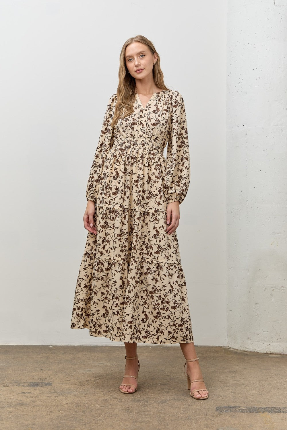 Cream Floral Smocked Waist Long Sleeve Midi Dress