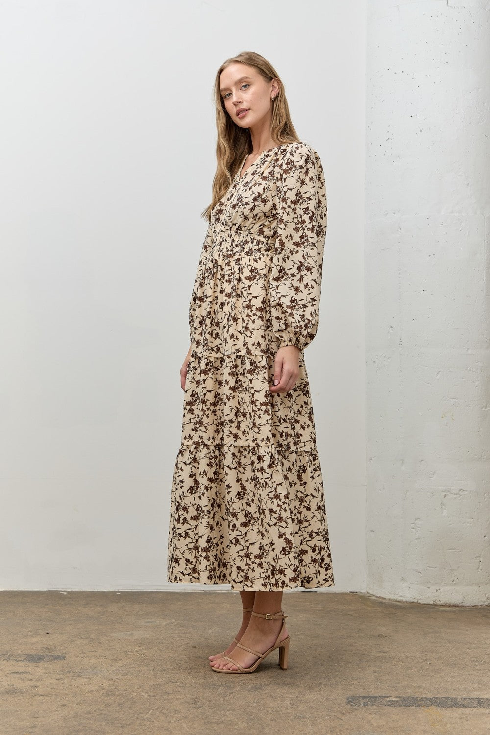 Cream Floral Smocked Waist Long Sleeve Midi Dress