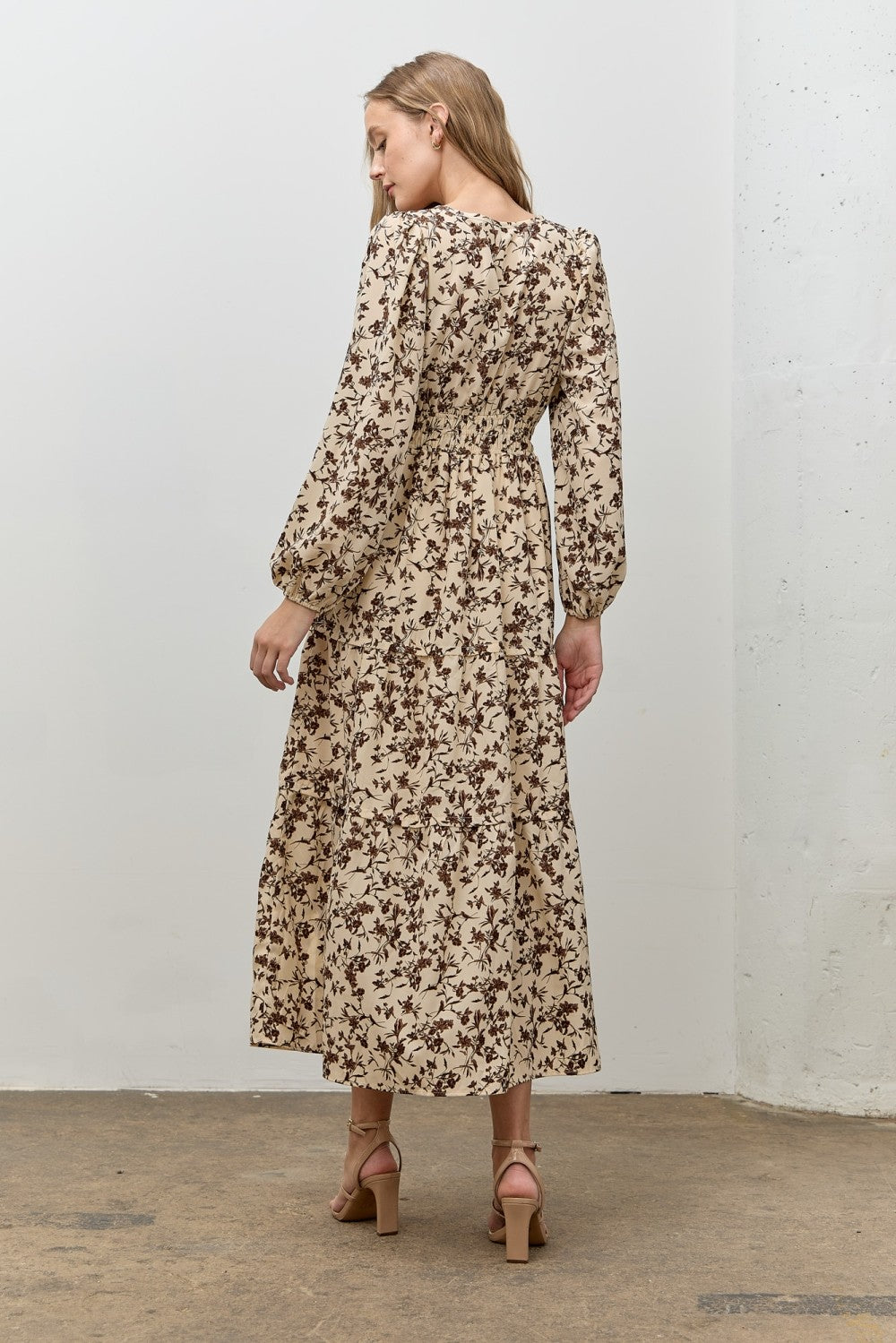 Cream Floral Smocked Waist Long Sleeve Midi Dress