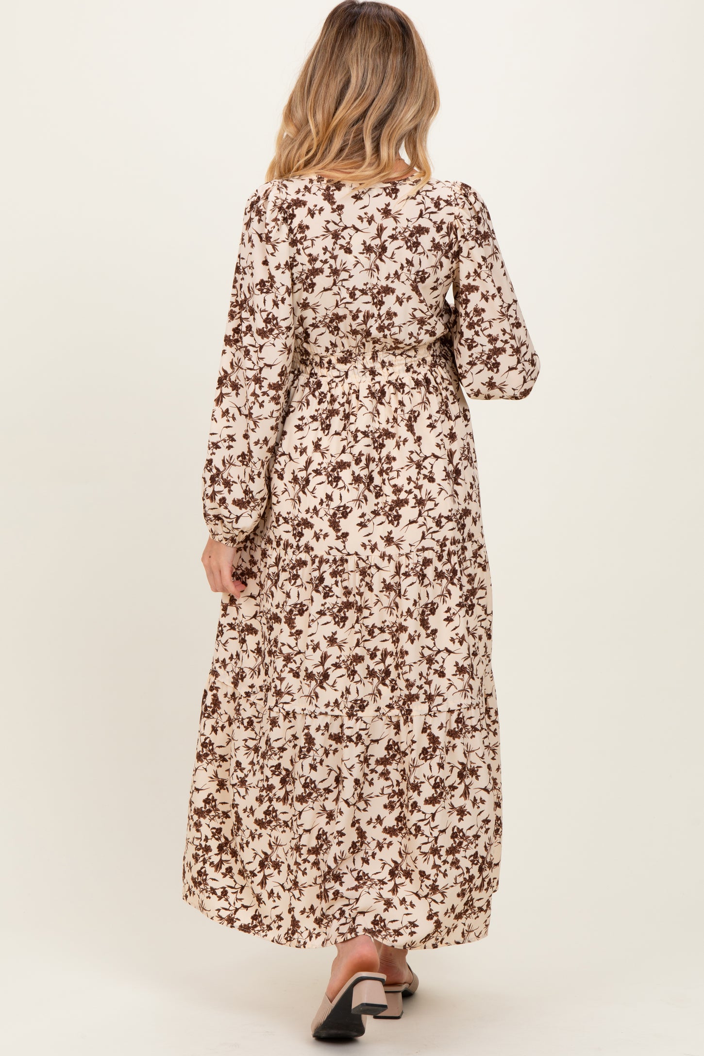 Cream Floral Smocked Waist Long Sleeve Maternity Midi Dress