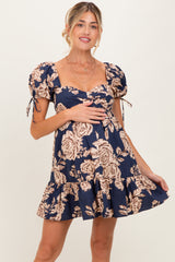Navy Floral Sweetheart Neckline Maternity Mini Dress