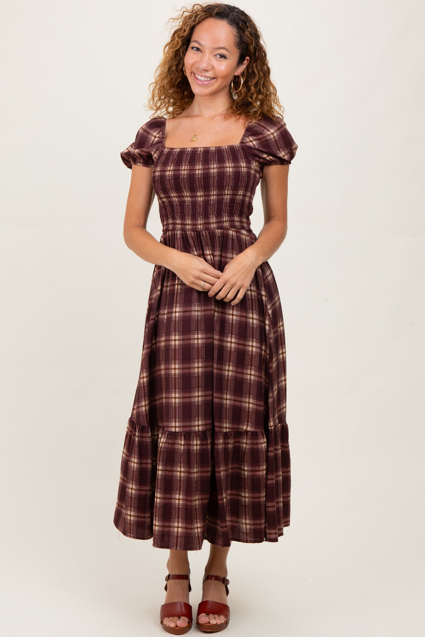 Burgundy Plaid Smocked Puff Sleeve Midi Dress