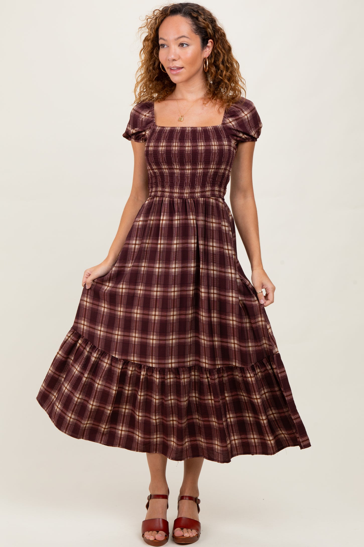 Burgundy Plaid Smocked Puff Sleeve Midi Dress PinkBlush Burgundy Plaid Smocked Puff Sleeve Midi Dress PinkBlush