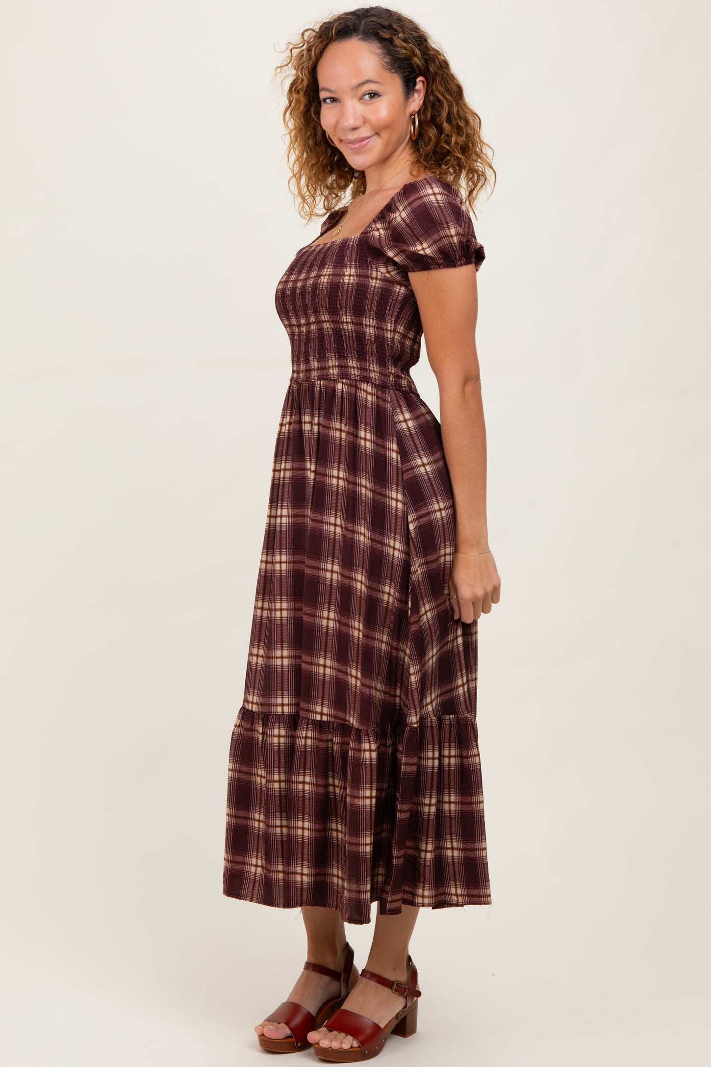 Burgundy Plaid Smocked Puff Sleeve Midi Dress – PinkBlush