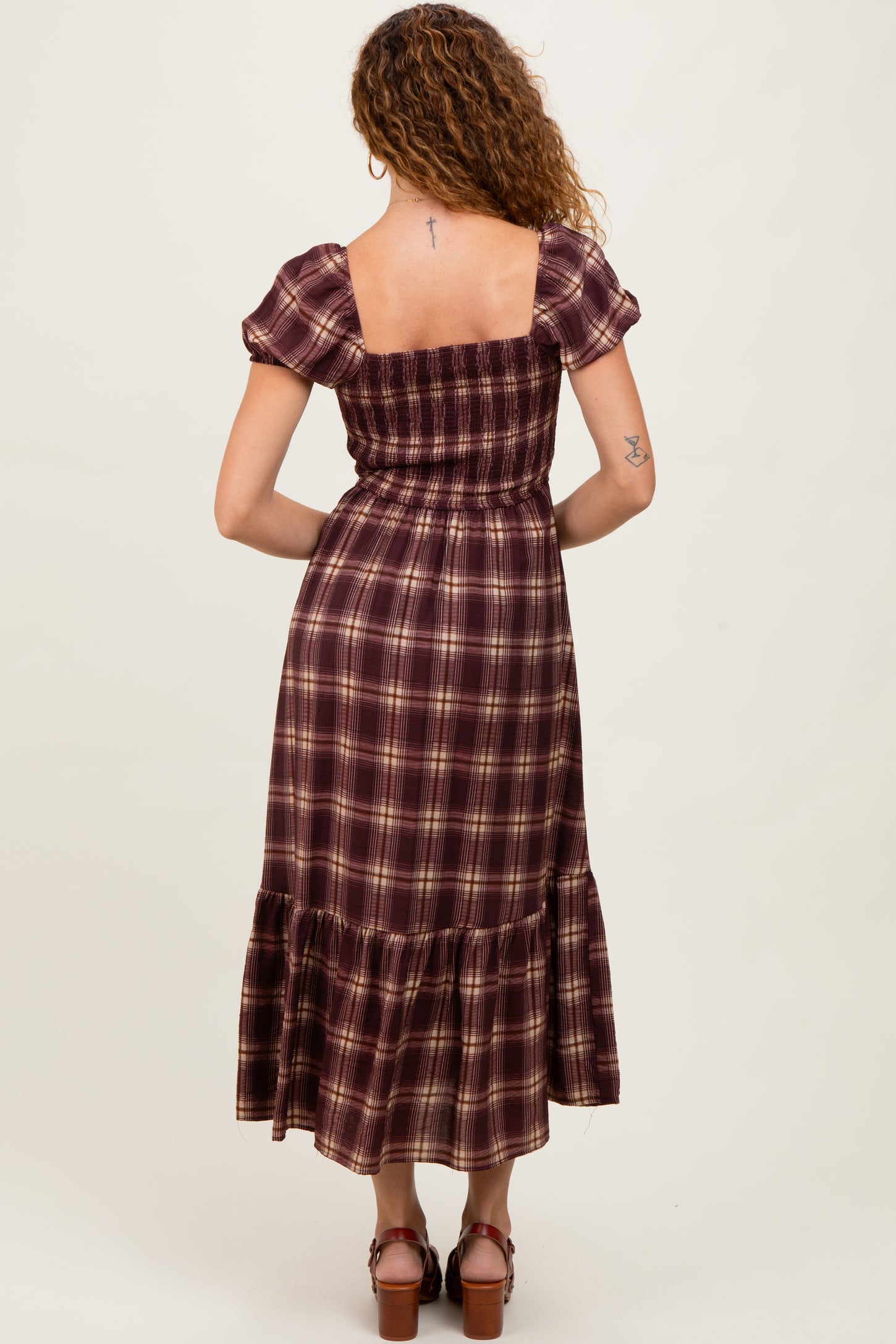 Burgundy Plaid Smocked Puff Sleeve Midi Dress – PinkBlush