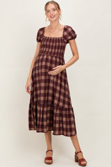 Burgundy Plaid Smocked Puff Sleeve Maternity Midi Dress