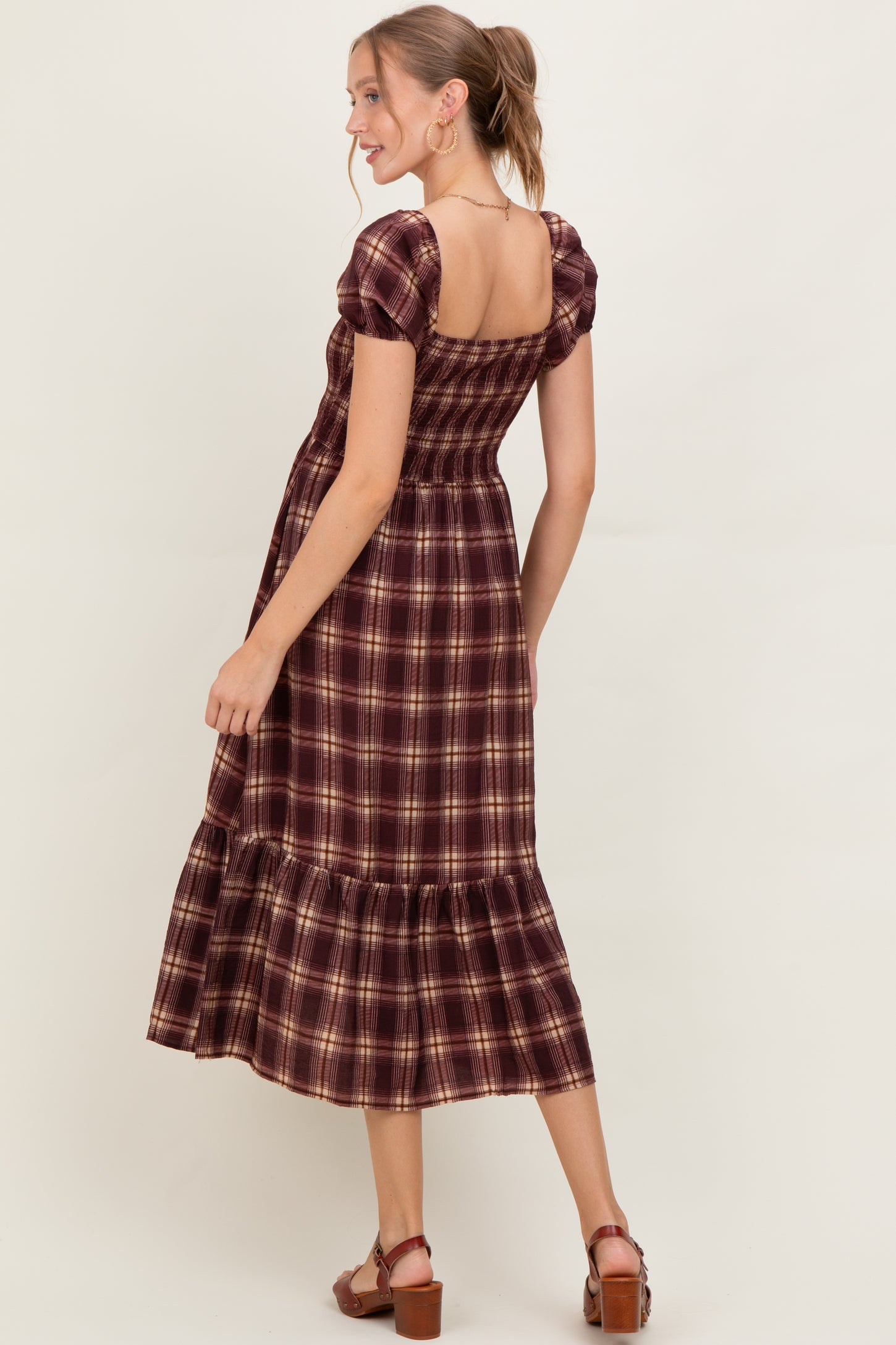Burgundy Plaid Smocked Puff Sleeve Maternity Midi Dress – PinkBlush