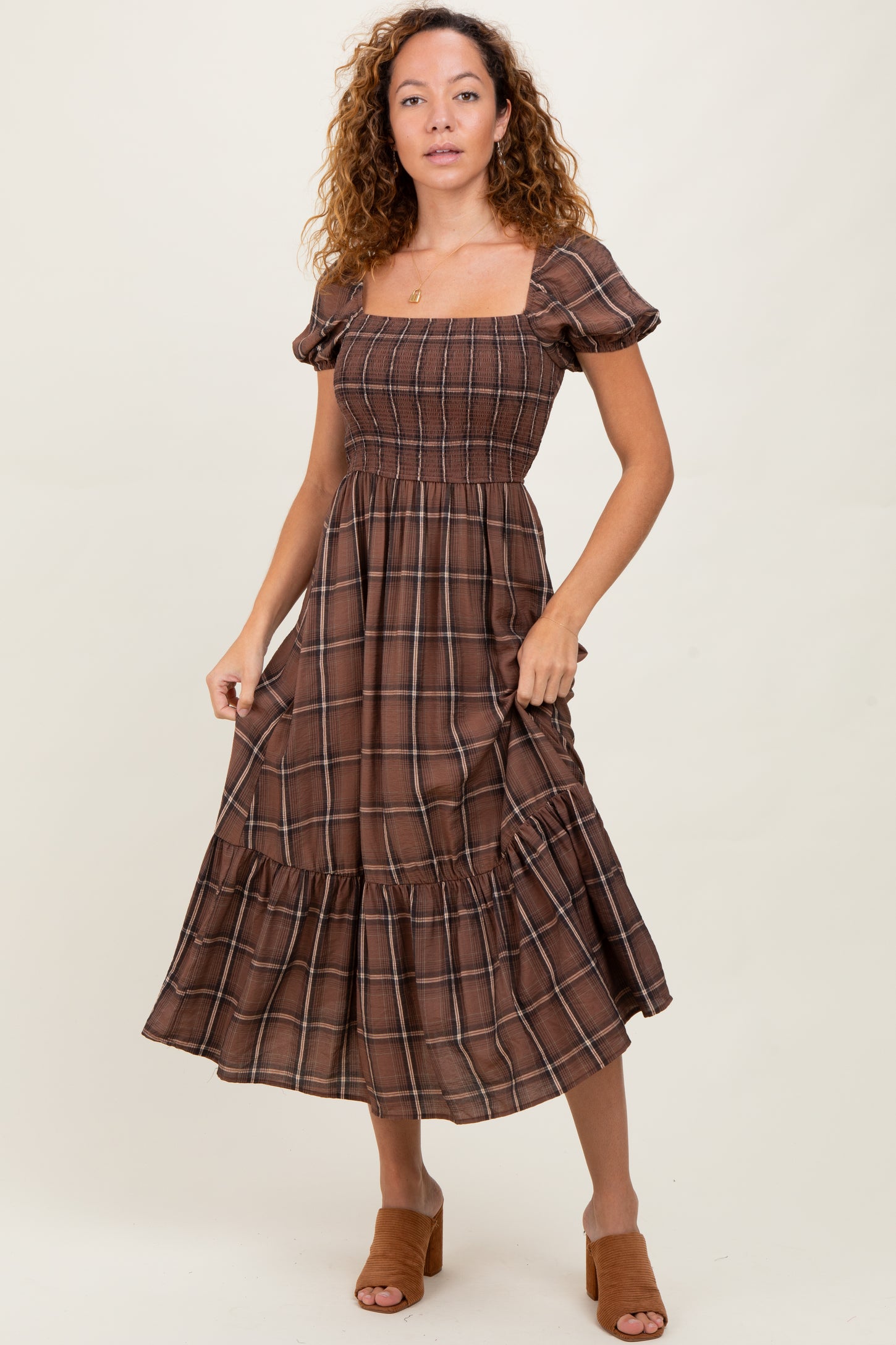 Brown Plaid Smocked Puff Sleeve Midi Dress