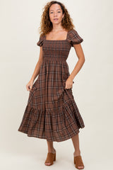 Brown Plaid Smocked Puff Sleeve Midi Dress