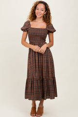 Brown Plaid Smocked Puff Sleeve Midi Dress