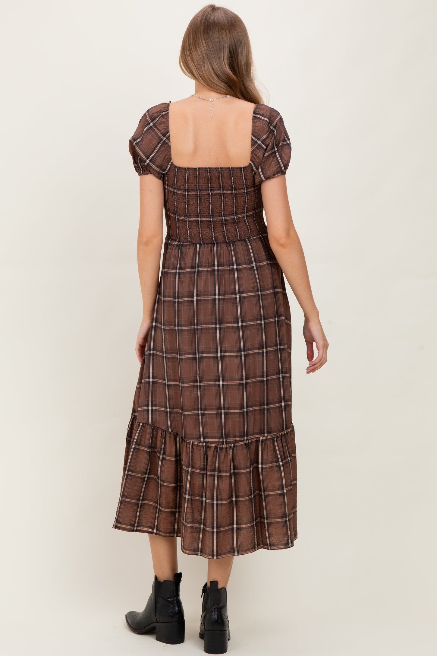 Brown Plaid Smocked Puff Sleeve Maternity Midi Dress