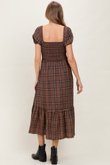 Brown Plaid Smocked Puff Sleeve Maternity Midi Dress