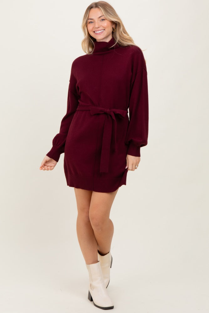 Burgundy Turtleneck Belted Mini Sweater Dress