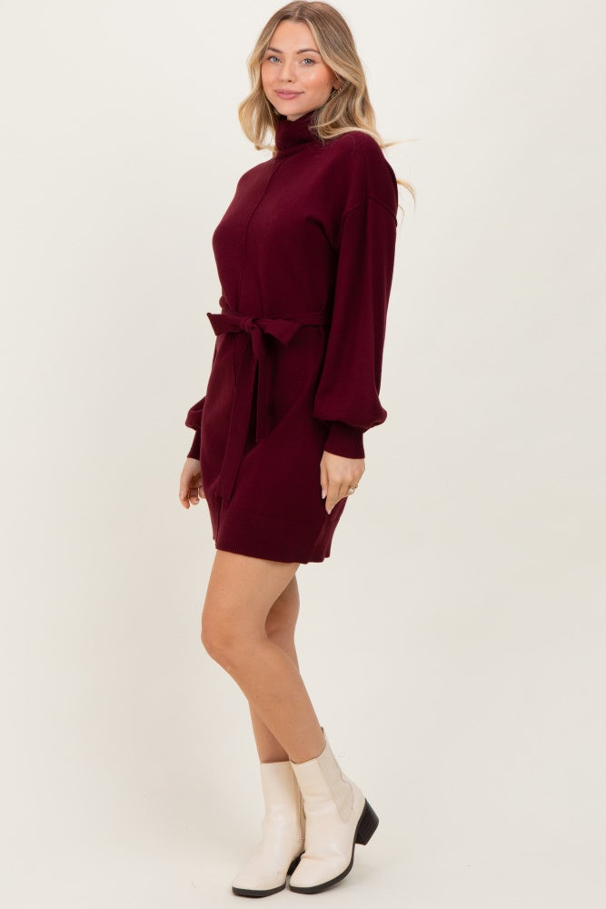Burgundy Turtleneck Belted Mini Sweater Dress