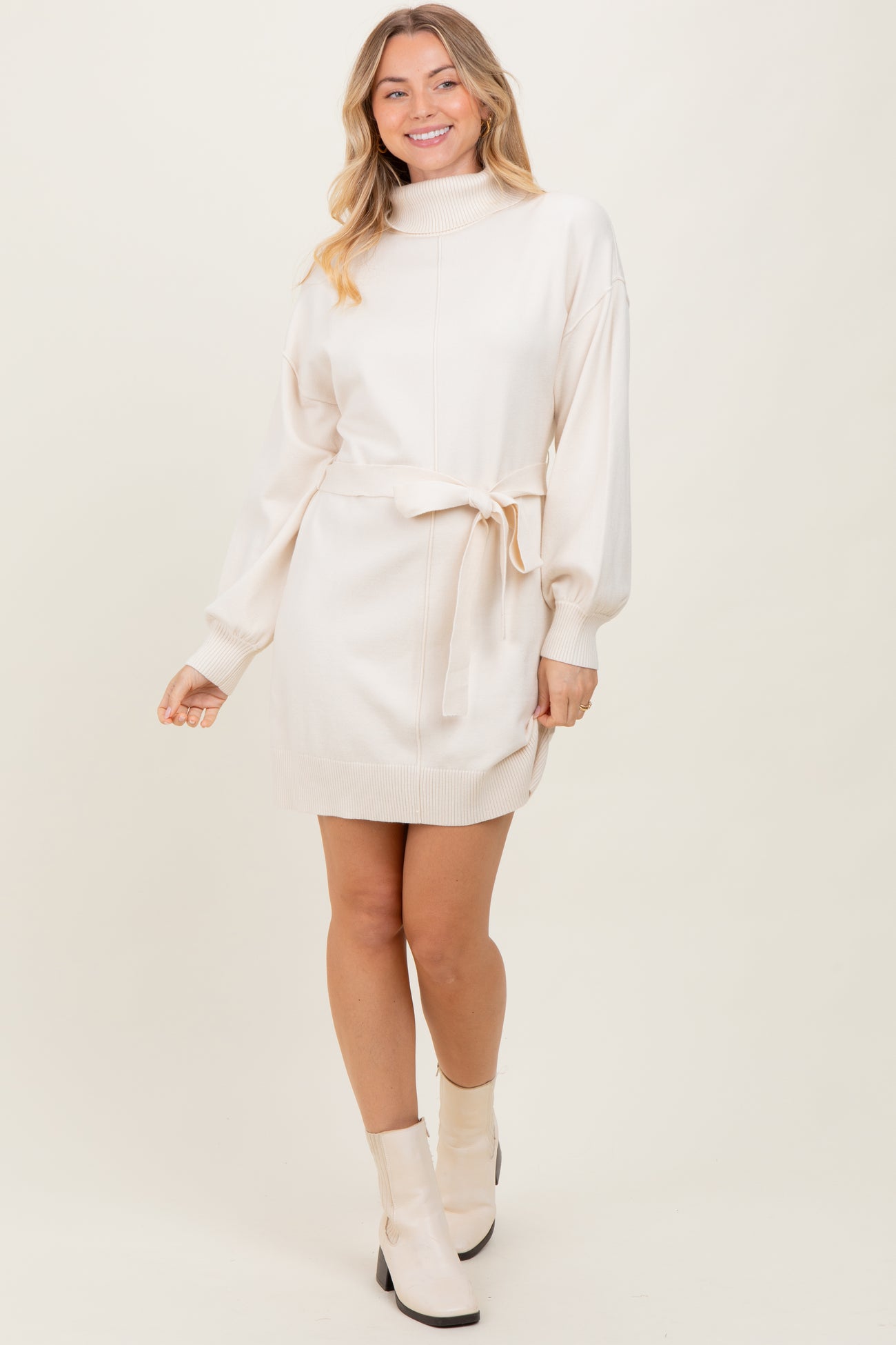Cream Turtleneck Belted Mini Sweater Dress – PinkBlush