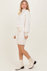 Cream Turtleneck Belted Mini Sweater Dress
