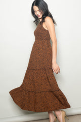 Brown Animal Print Sleeveless Smocked Tiered Maxi Dress