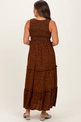 Brown Animal Print Sleeveless Smocked Tiered Maternity Maxi Dress