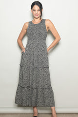 Grey Animal Print Sleeveless Smocked Tiered Maxi Dress