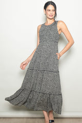 Grey Animal Print Sleeveless Smocked Tiered Maxi Dress