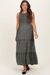 Grey Animal Print Sleeveless Smocked Tiered Maternity Maxi Dress