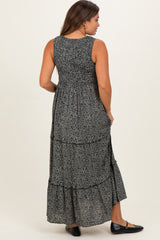 Grey Animal Print Sleeveless Smocked Tiered Maternity Maxi Dress