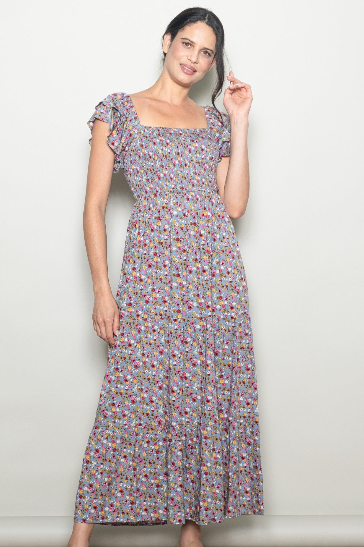 Blue Floral Off Shoulder Smocked Maternity Maxi Dress