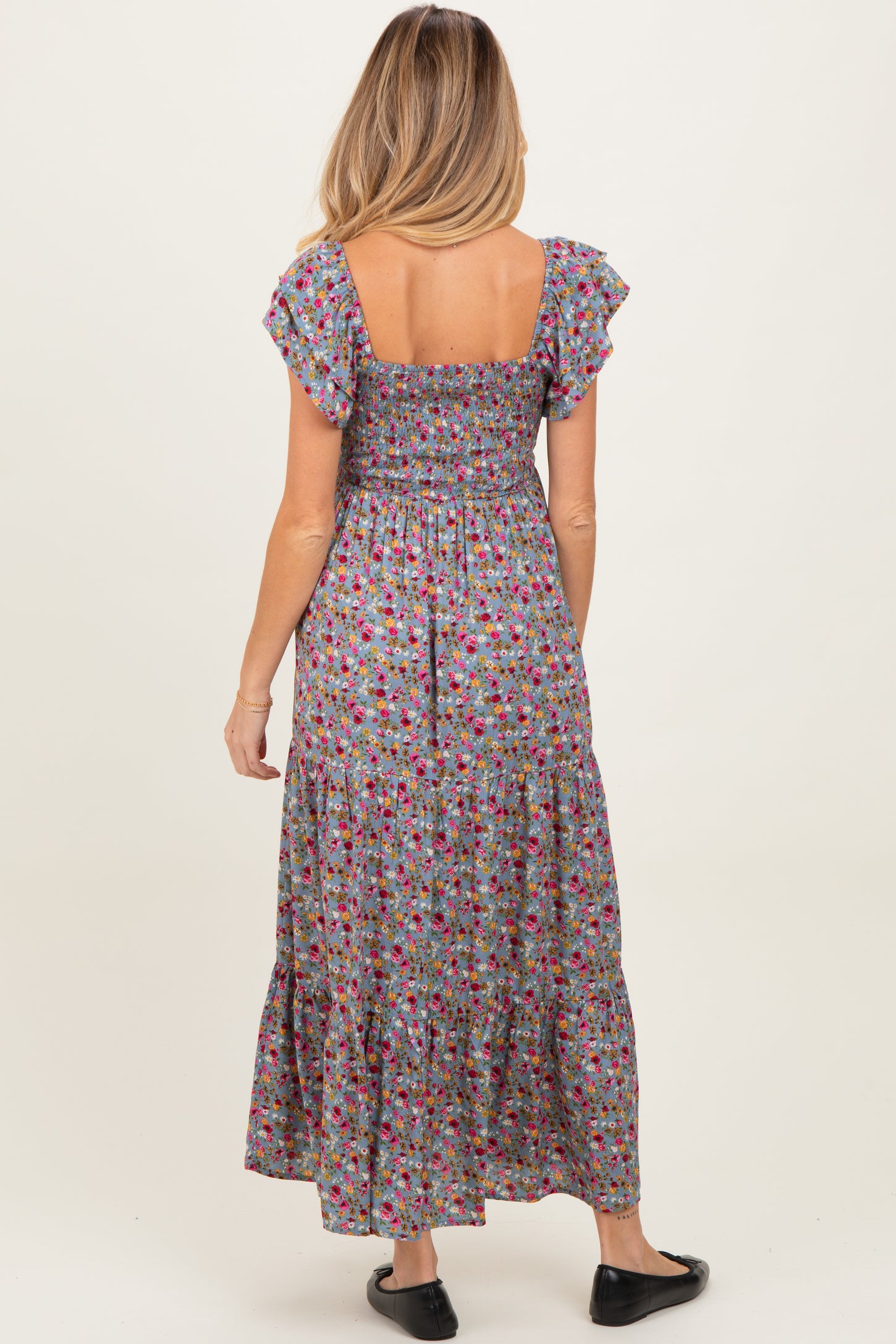 Blue Floral Off Shoulder Smocked Maternity Maxi Dress