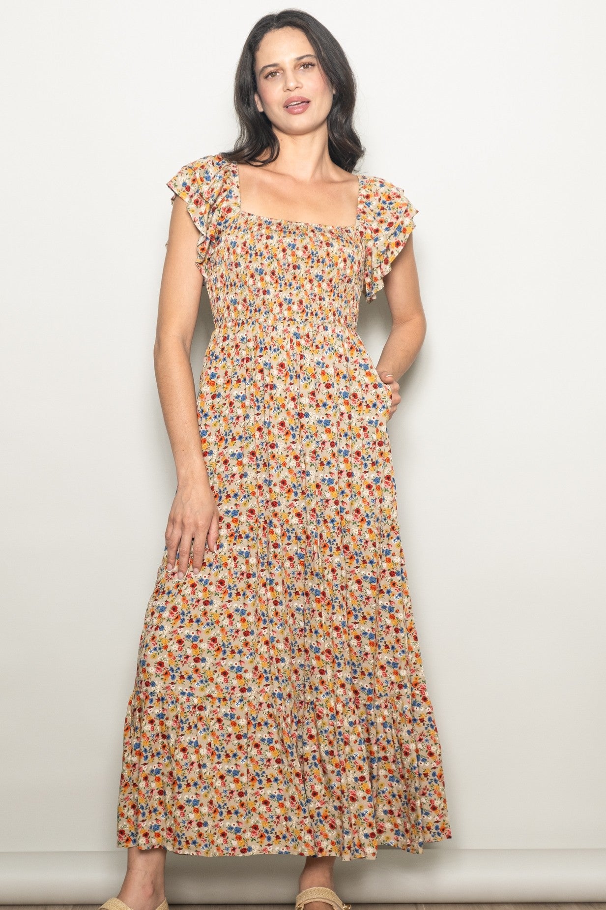 off the shoulder smocked maxi dress Camel Floral feminine touch Formal Wedding Attire Semi Size:3X Large Promotion_SpringRefreshSP26