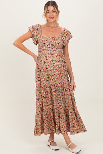 Camel Floral Off Shoulder Smocked Maternity Maxi Dress