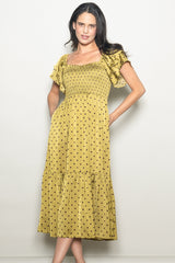 Light Olive Polka Dot Satin Smocked Flutter Sleeve Dress