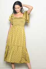 Light Olive Polka Dot Satin Smocked Flutter Sleeve Dress